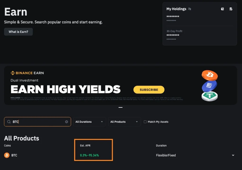 The screenshot displays the Binance Earn interface, focusing on the “Dual Investment” feature which offers high yield investments.