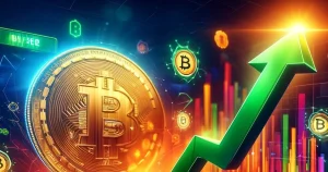 a Bitcoin trading graph skyrocketing upwards with a vibrant green arrow