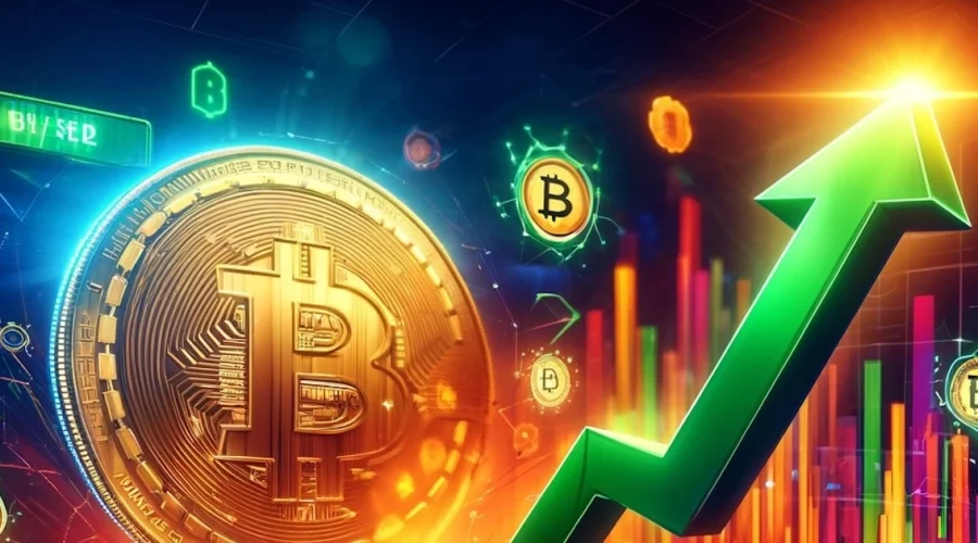a Bitcoin trading graph skyrocketing upwards with a vibrant green arrow