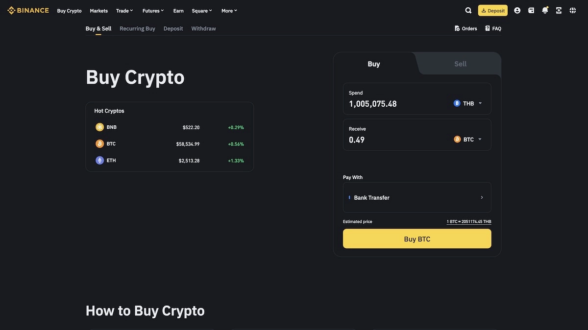 screenshot of the page to buy Bitcoin on Binance Thailand