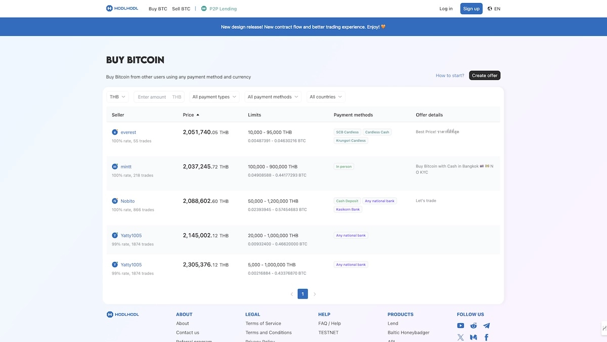 screenshot of the page to buy Bitcoin with Thai Baht on HodlHodl