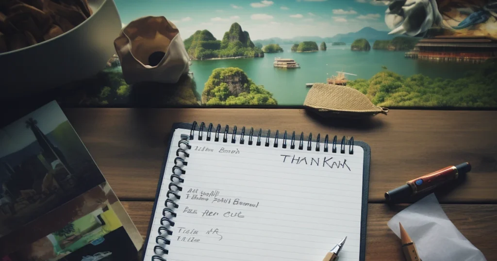 Someone writing a checklist to plan their trip to Thailand.
